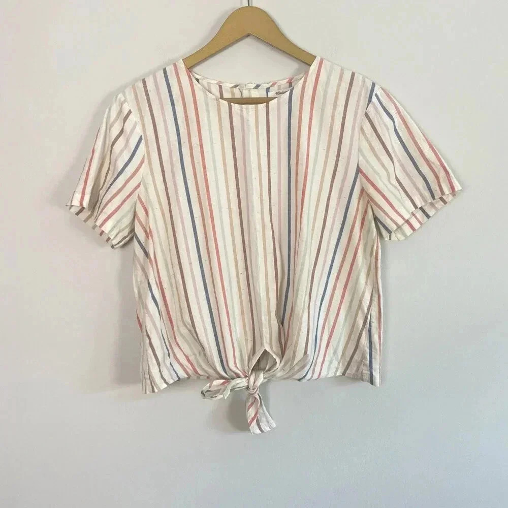 Madewell Striped Back Button Front Tie Top - Picture 3 of 16